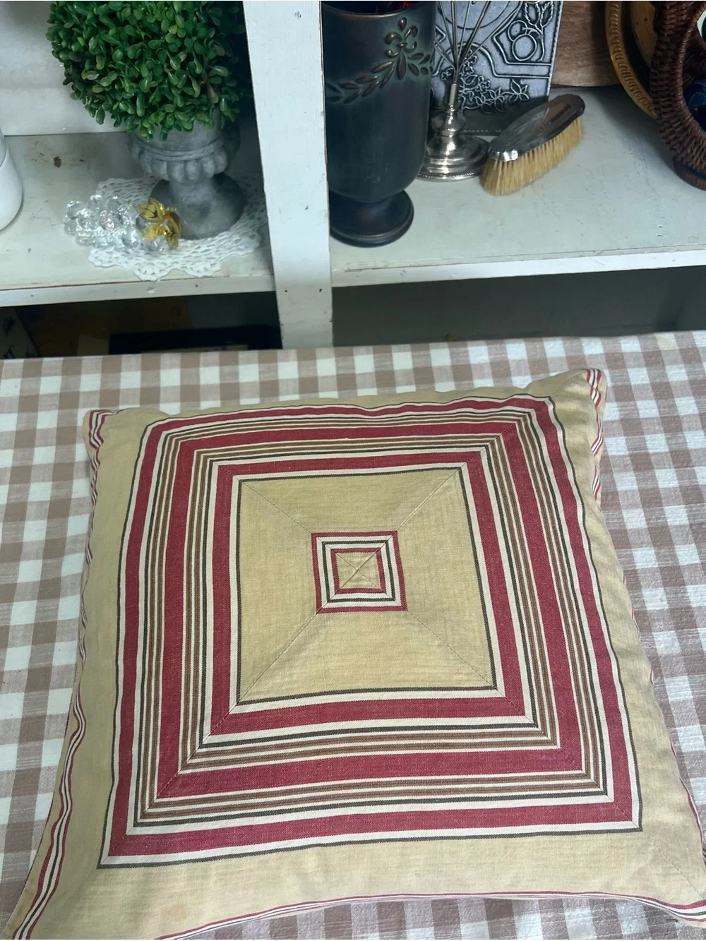 Pottery barn pillow cover red ticking tan zip closure